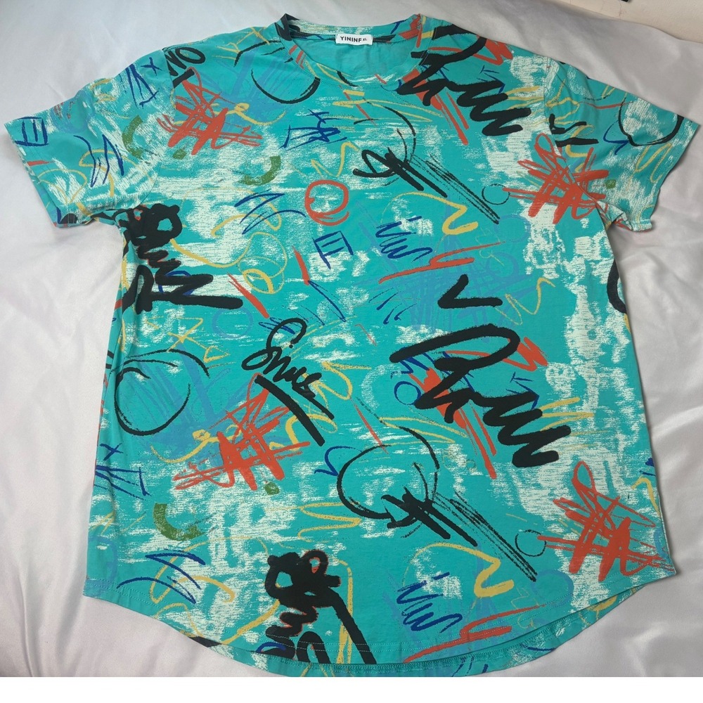 YININF Graffiti Print T-Shirt Mens XL Teal Abstract Streetwear Excellent